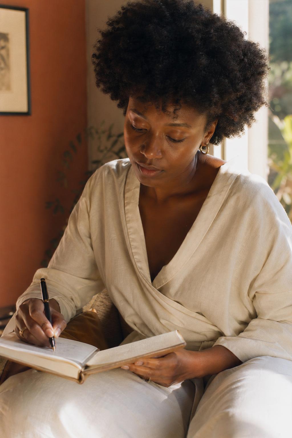 A woman writing quietly in her Lingeer journal in soft morning light